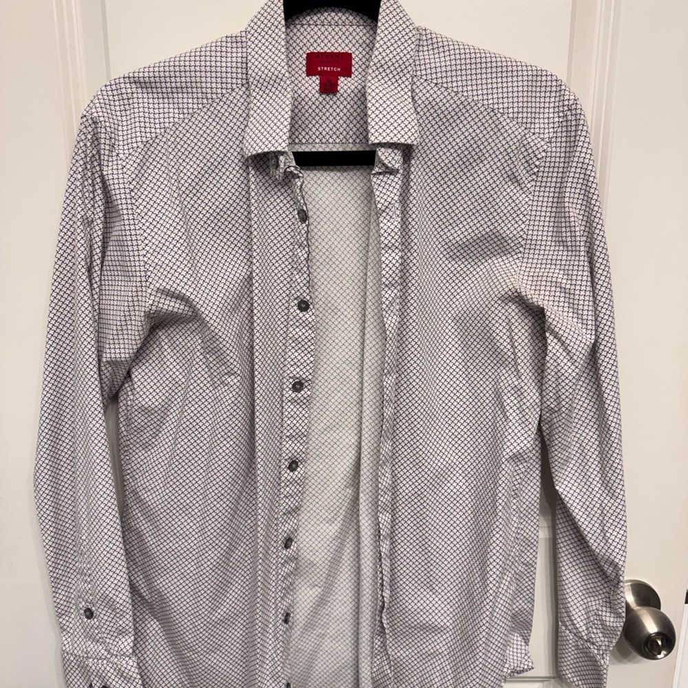 Alfani White Dress Shirt with Purple Micro-Print, Slim Fit, Stretch | M